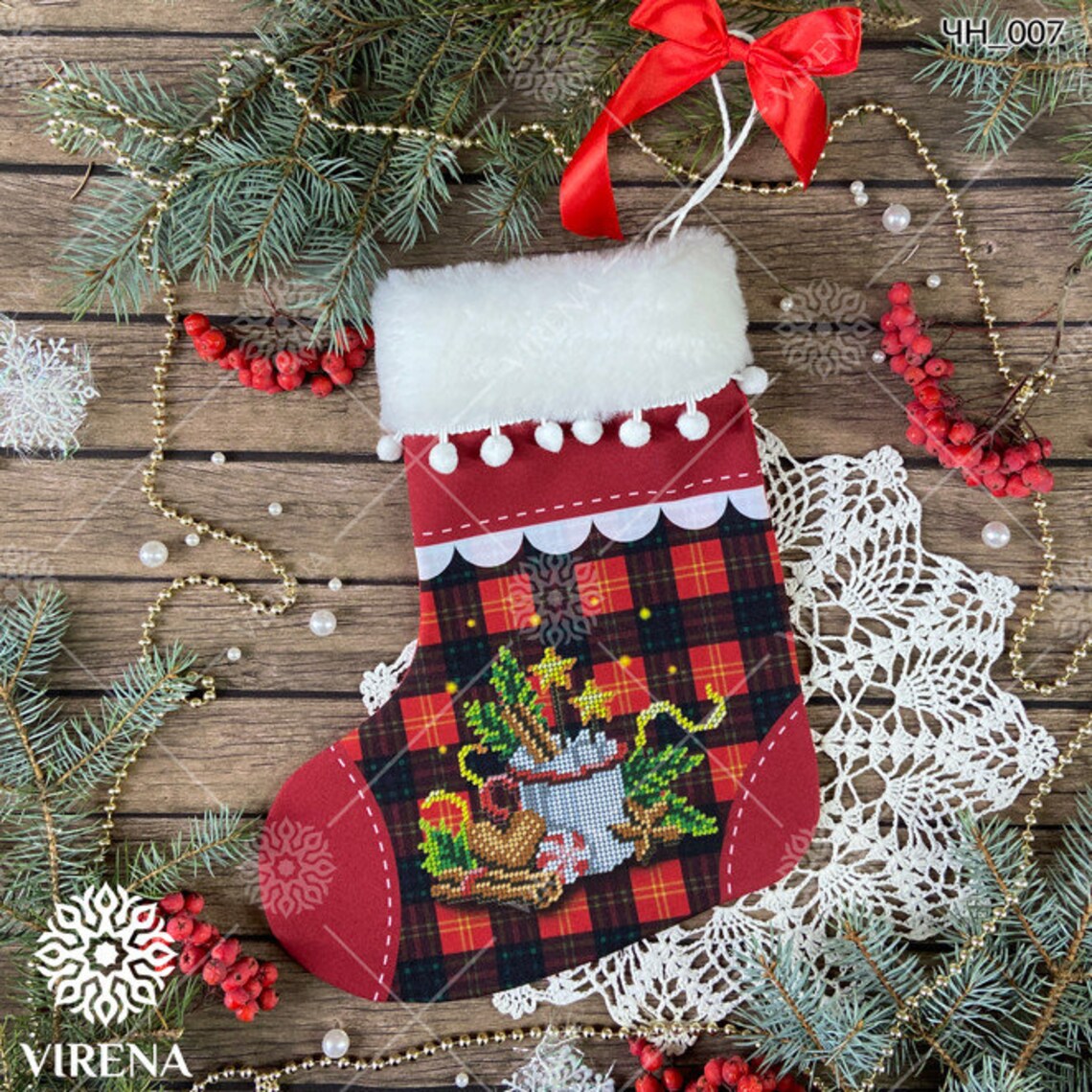 Red Christmas stocking - Beaded cross stitch picture kit